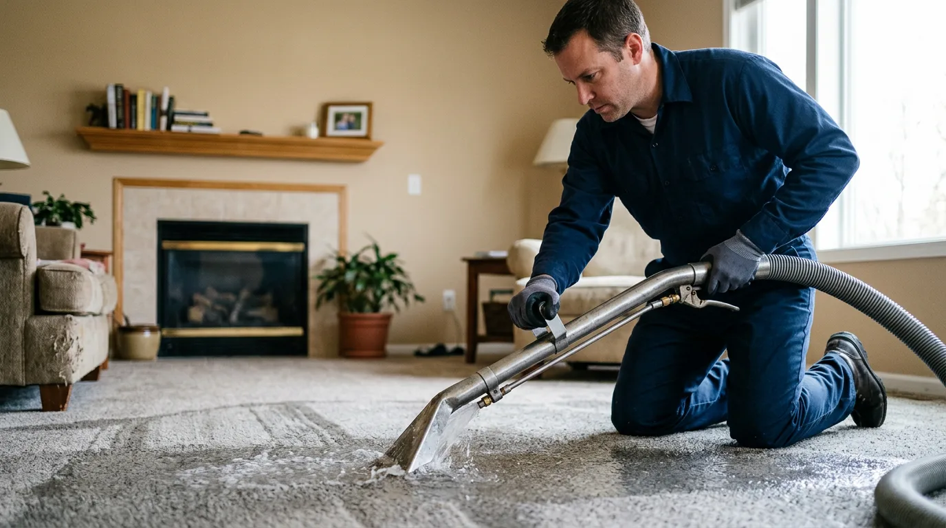 Water damage restoration technician working in a home in Massachusetts